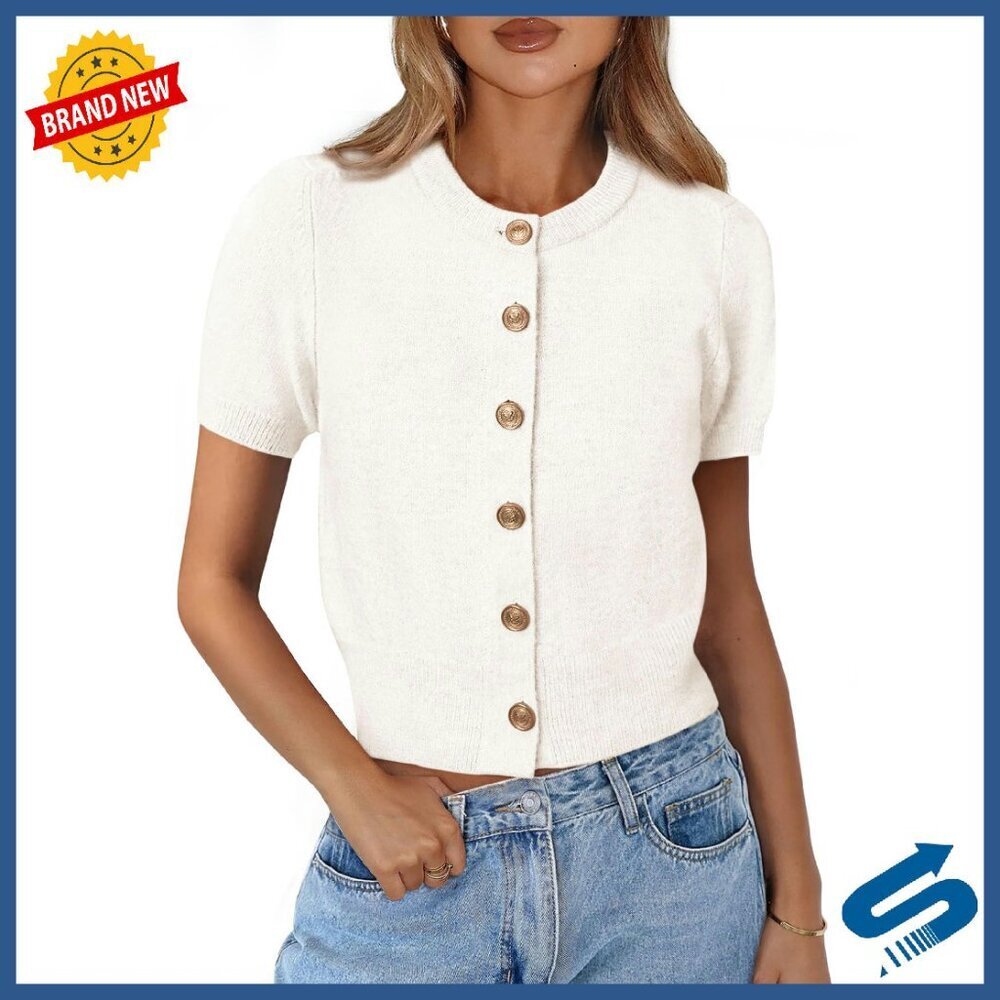 Soft Knit Crop Cardigan Summer Short Sleeve Button Down Crew Neck
